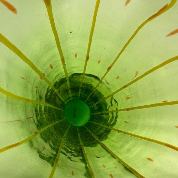 Eastern Hand-Blown Green Glass Vase With Yellow & Red Swirl Design 10.5" - Picture 8 of 12